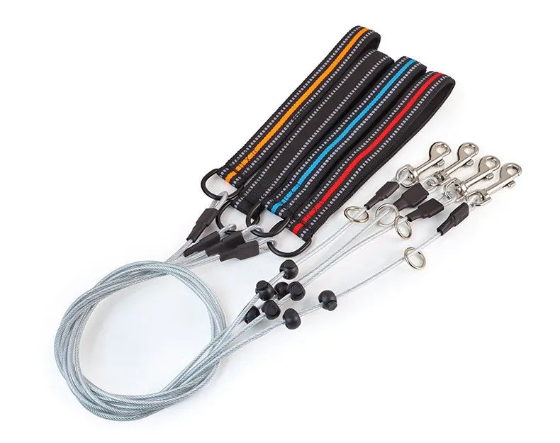 Four black nylon wrist straps with colorful stripes (yellow, orange, blue, red, white) and silver metal snap hooks, shown on a white background.