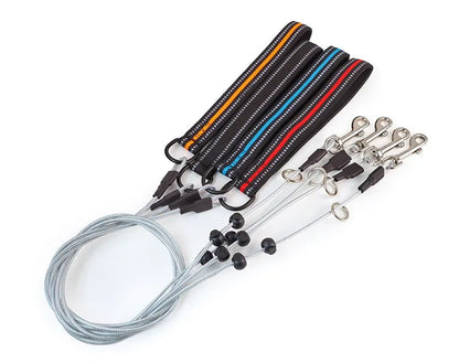 Four black nylon wrist straps with colorful stripes (yellow, orange, blue, red, white) and silver metal snap hooks, shown on a white background.