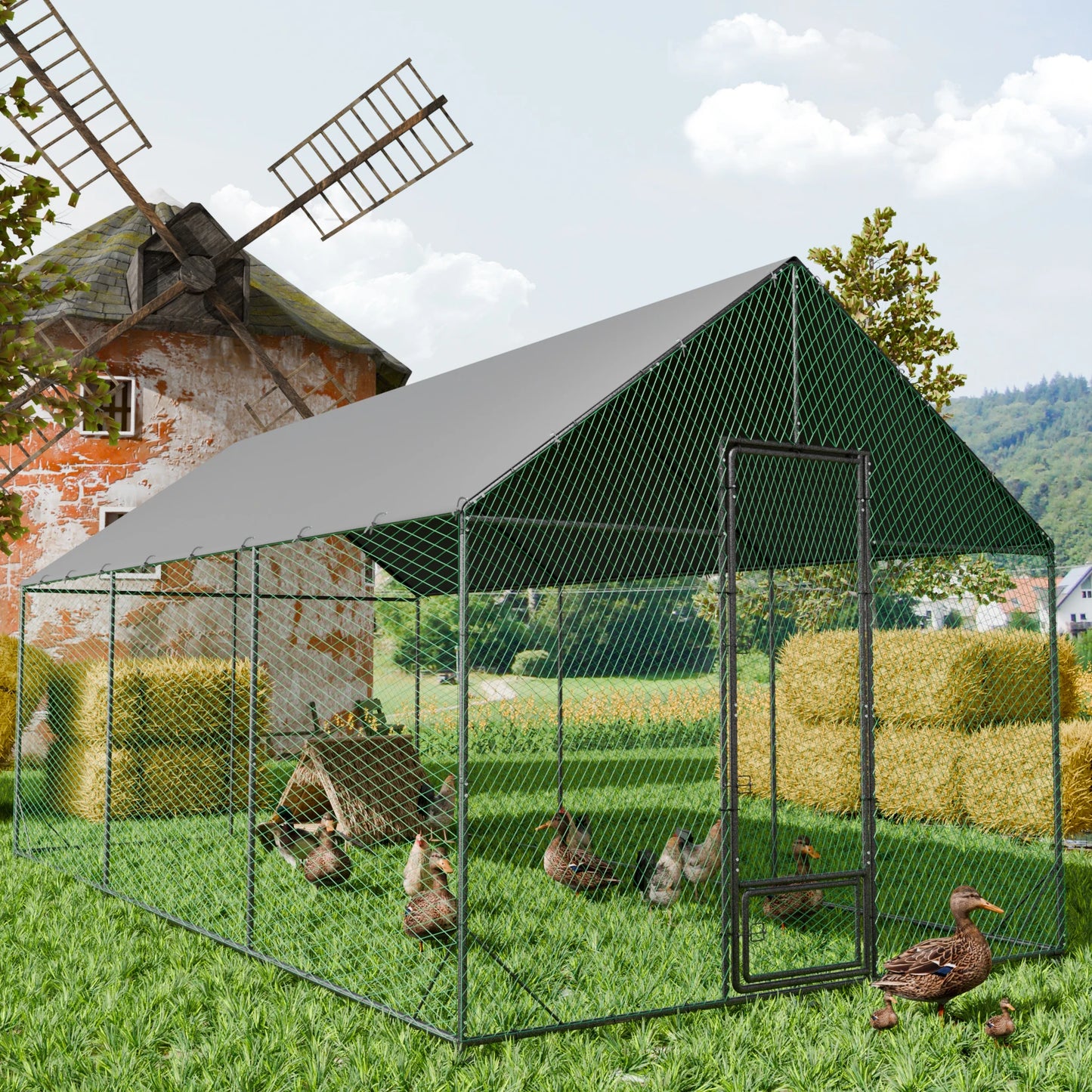 Large Upgrade Metal Chicken Coop Walk-in Poultry Run with Nylon Netting