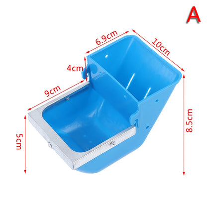 Blue plastic container with dimensions marked on a white background