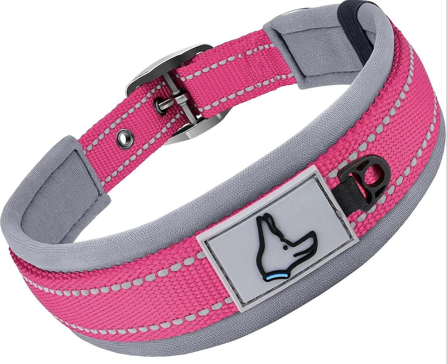Pink and gray dog collar with a reflective patch on a white background