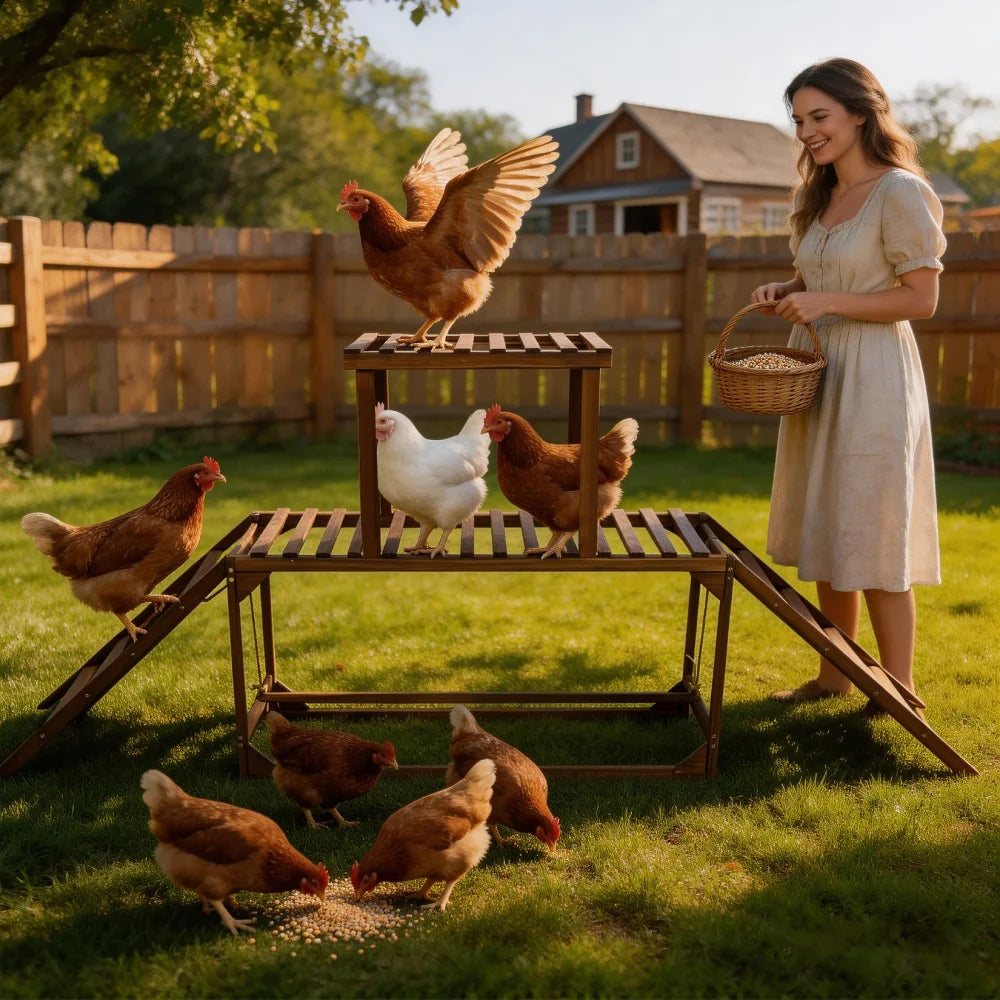 Woman in a garden with chickens around a wooden feeding station.