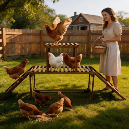 Woman in a garden with chickens around a wooden feeding station.