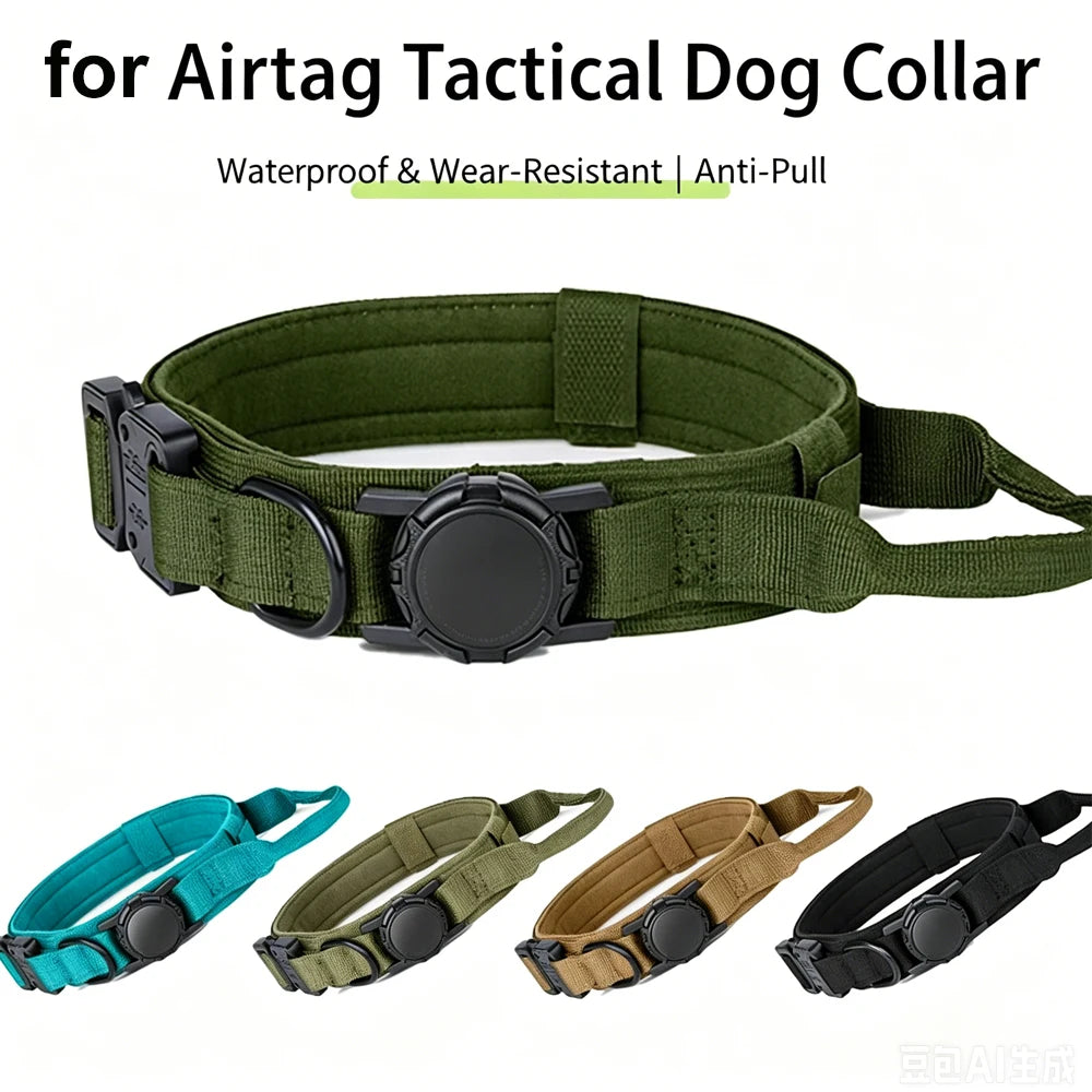 A tactical dog collar shown on a white background with marketing text at the top and four color variants along the bottom. The main product is olive green with black hardware and a black anti-pull device.