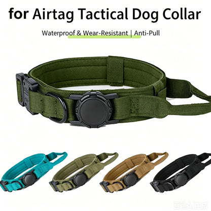 A tactical dog collar shown on a white background with marketing text at the top and four color variants along the bottom. The main product is olive green with black hardware and a black anti-pull device.