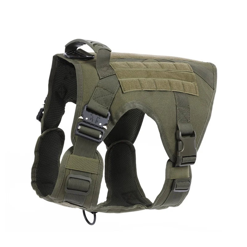 Green tactical dog harness on a white background