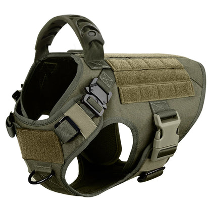 Tactical dog harness with multiple straps and patches on a white background
