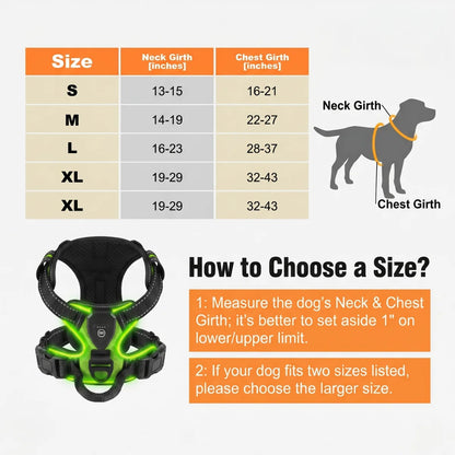 Dog harness size chart with measurements and a black and green harness.