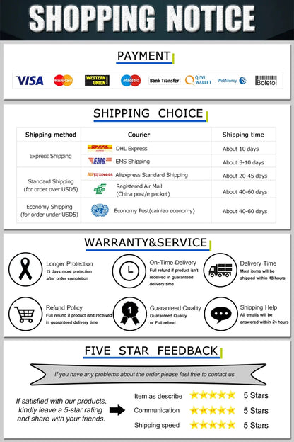 Shopping notice with payment methods, shipping options, warranty & service details, and five-star feedback system.