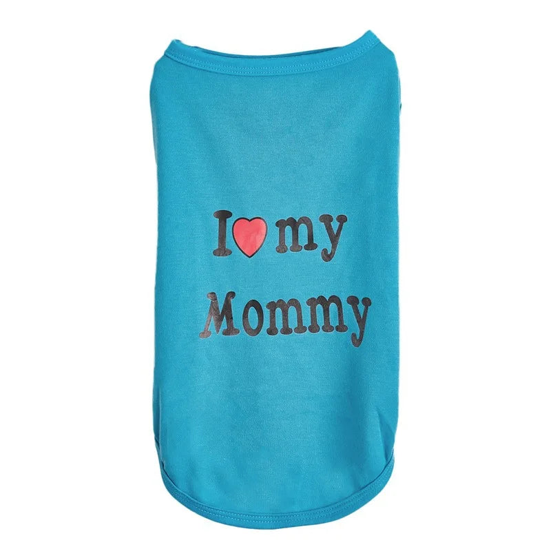 A bright turquoise blue pet tank top with the text 'I [red heart] my Mommy' printed on the front, displayed against a plain white background.