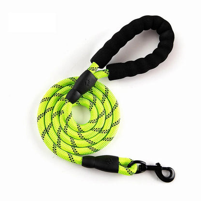 Neon green dog leash with black handles on a white background