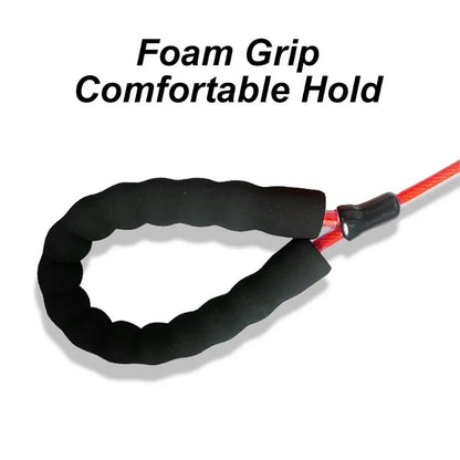 Black foam grip handle with red accents on a white background, labeled 'Foam Grip Comfortable Hold'.