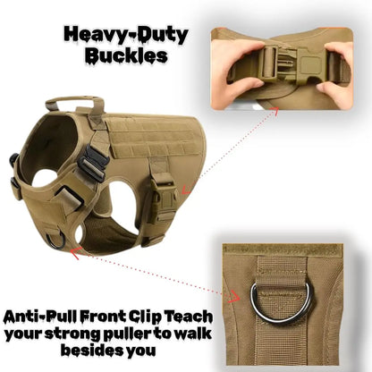 Tactical dog harness with heavy-duty buckles and anti-pull front clip on a white background.