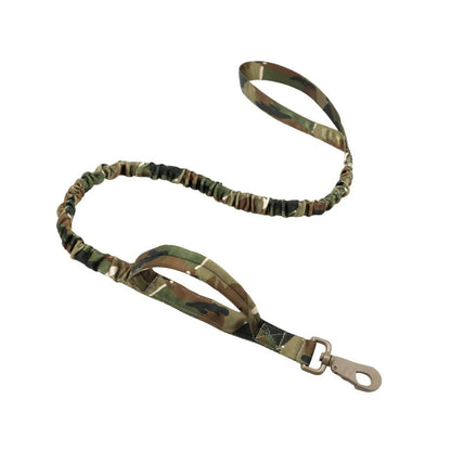 A camouflage elastic bungee leash with a metal snap hook, displayed on a solid white background.