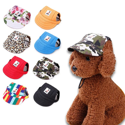 Dog wearing a camouflage cap with various other colorful caps displayed on a white background
