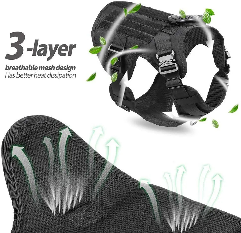 Black dog harness with 3-layer breathable mesh design on a white background