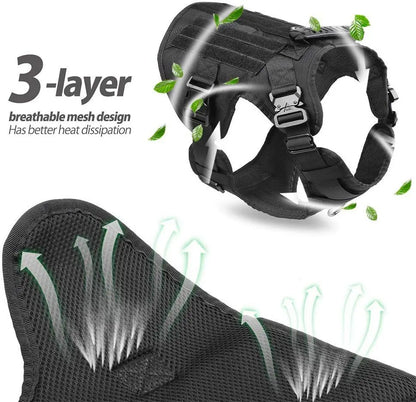 Black dog harness with 3-layer breathable mesh design on a white background