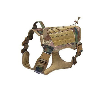A tactical dog harness in a camouflage pattern with tan webbing and MOLLE loops, shown against a plain white background.