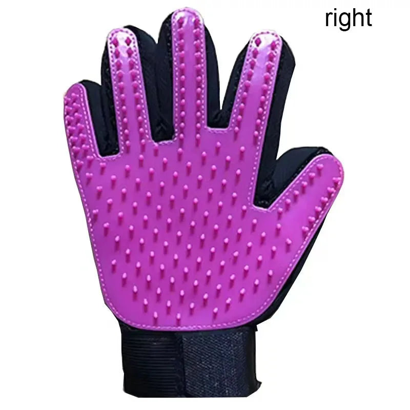 right hand Purple grooming glove with black accents on a white background