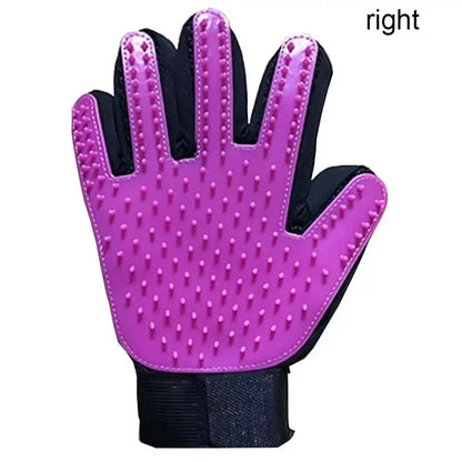 right hand Purple grooming glove with black accents on a white background