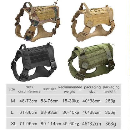 Four tactical dog harnesses shown in different colorways (tan, khaki, black, and olive green) above a size and weight chart table.