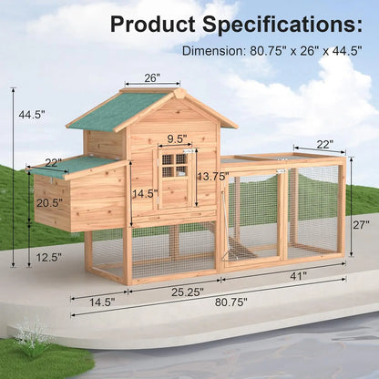 Wooden chicken coop with dimensions labeled on a clear background