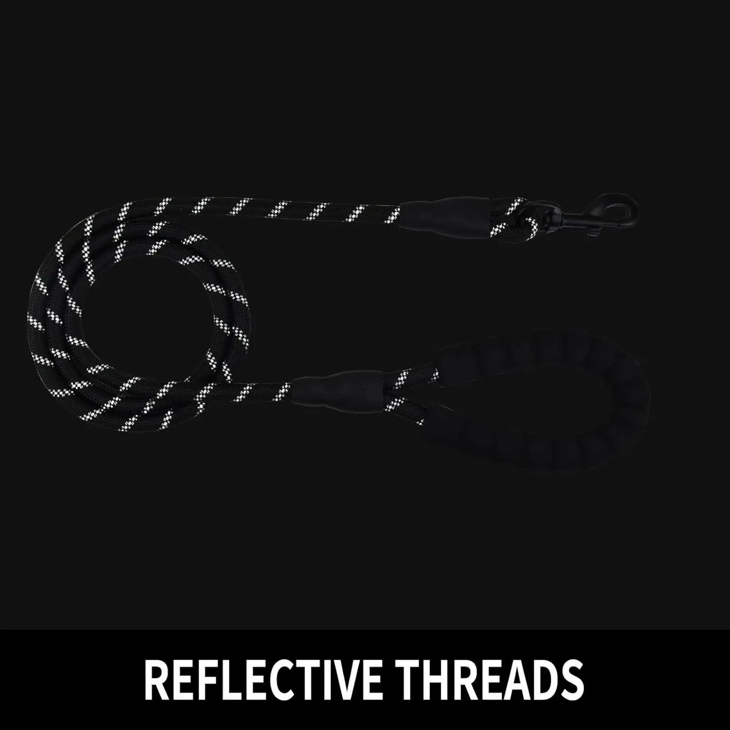 Dog leash with reflective threads on a black background