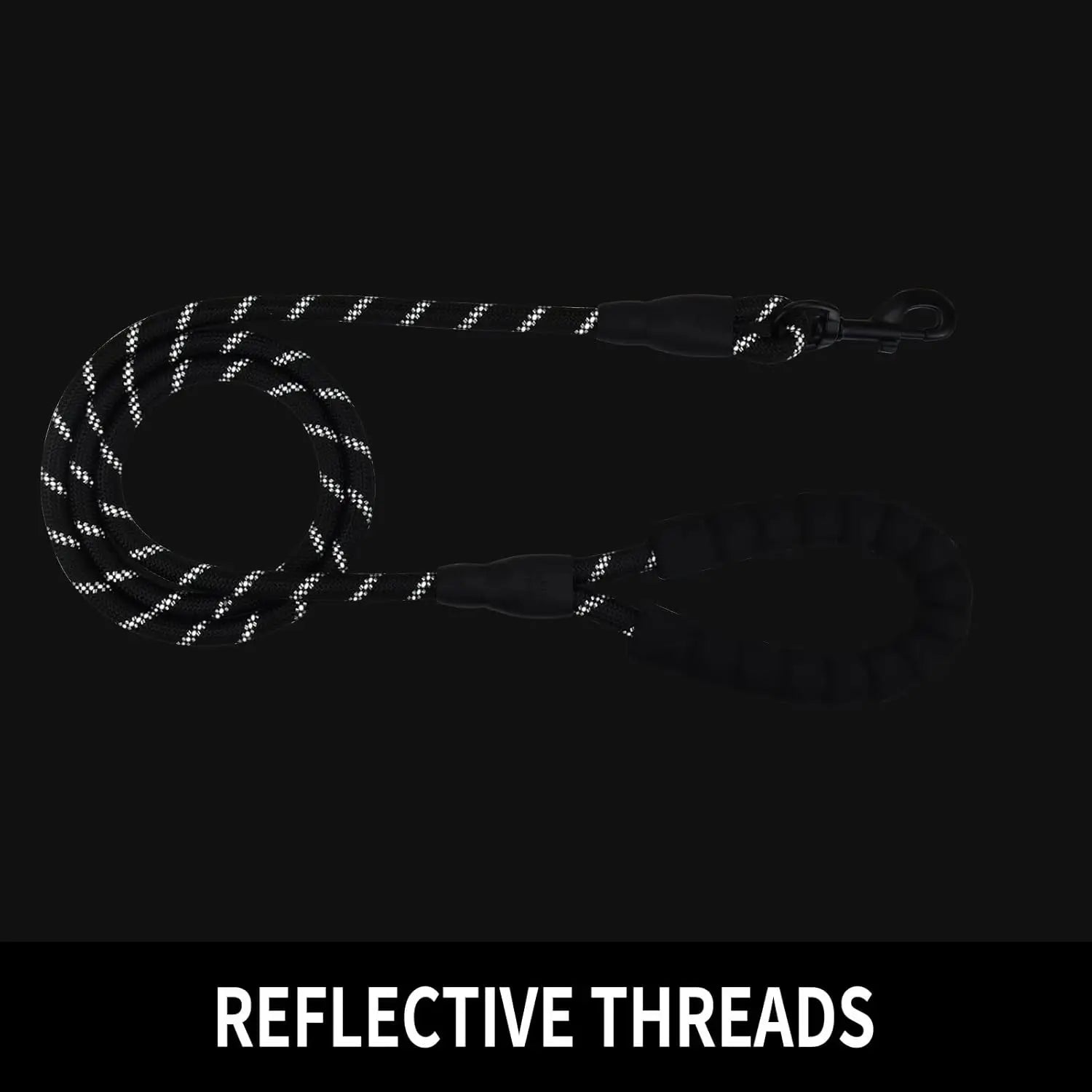 Dog leash with reflective threads on a black background