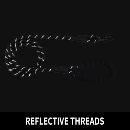 Dog leash with reflective threads on a black background