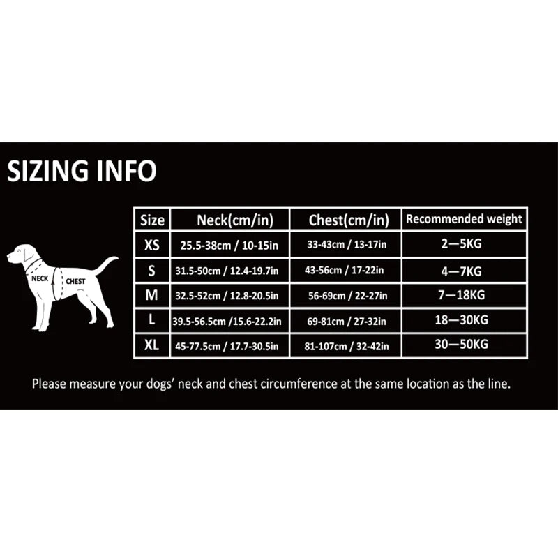 Dog sizing chart with measurements and recommended weights on a white background
