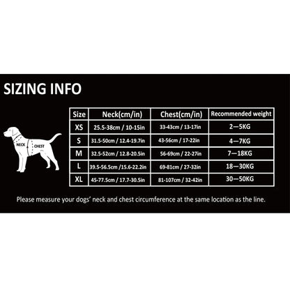 Dog sizing chart with measurements and recommended weights on a white background