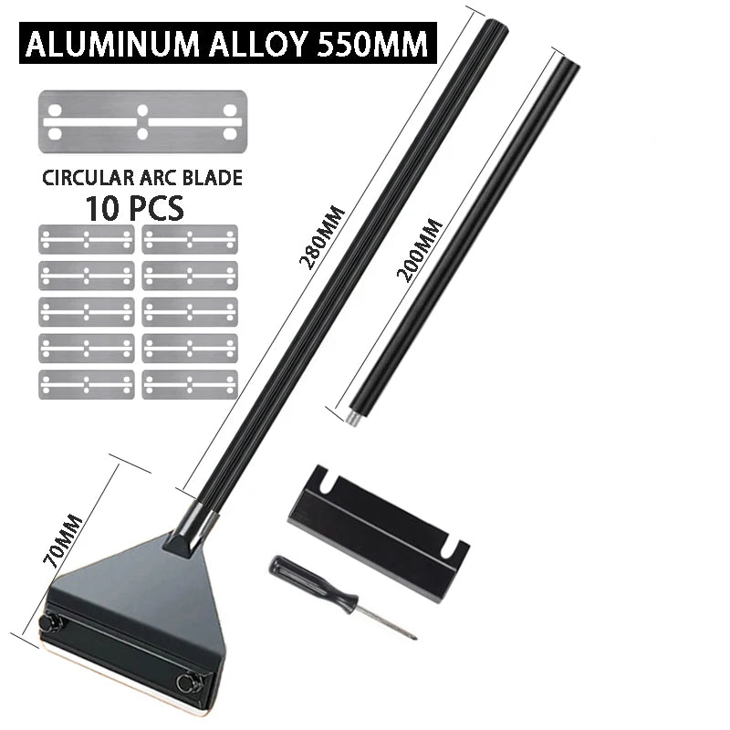 Aluminum alloy squeegee set with circular arc blade and measurement details on a white background