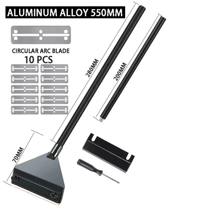 Aluminum alloy squeegee set with circular arc blade and measurement details on a white background
