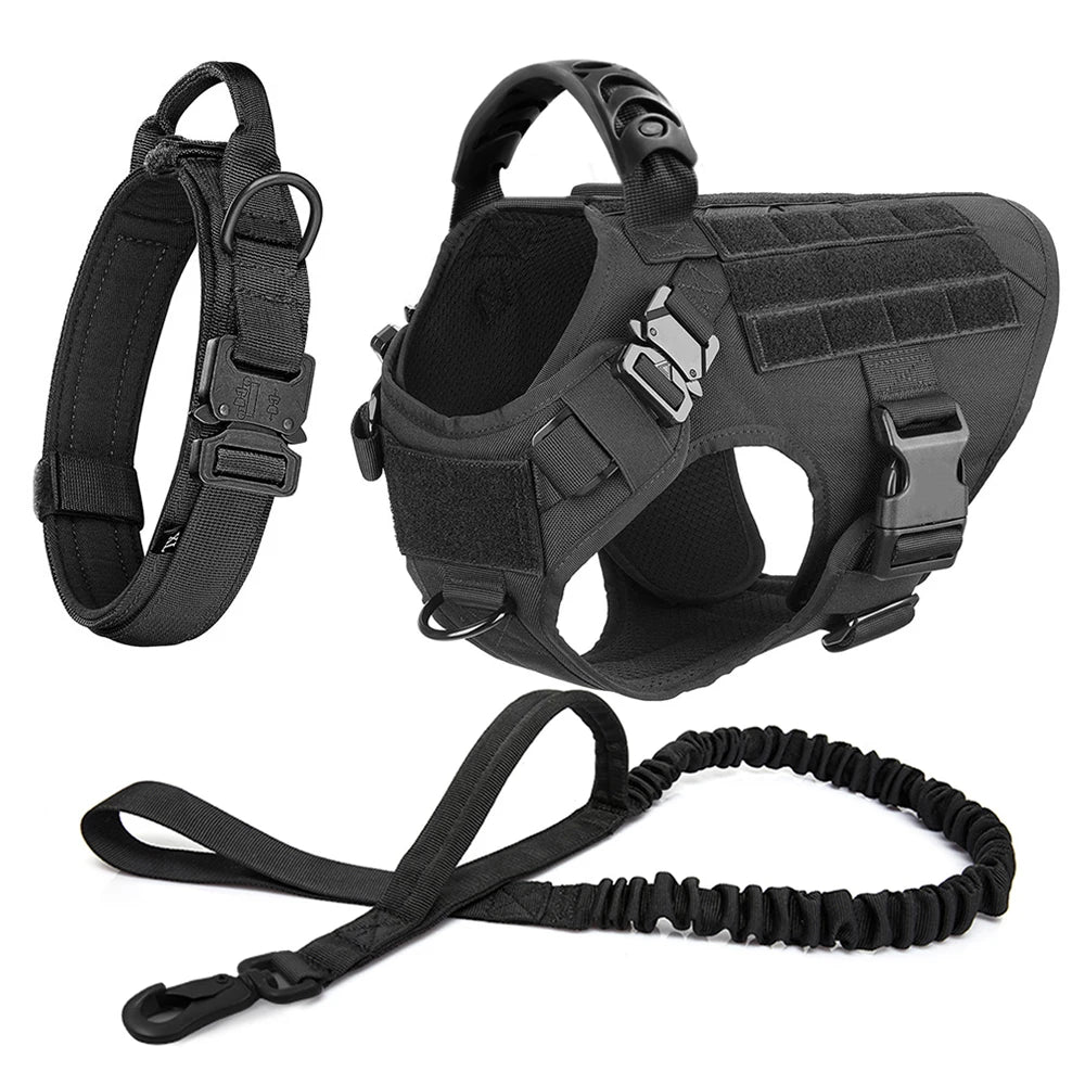 Black tactical dog harness and leash set on a white background