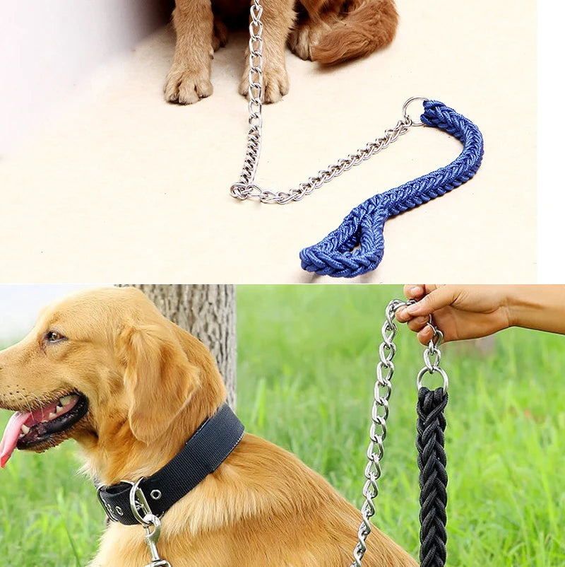 Composite product photo showing a dog collar leash set. The top panel shows a close-up of a silver metal chain connected to a blue braided handle, while the bottom panel shows a golden retriever wearing a black collar with the leash attached, held by a human hand in a grassy outdoor setting.