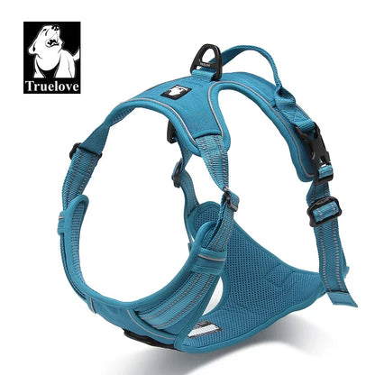 Blue dog harness with visible 'Truelove' branding on a white background