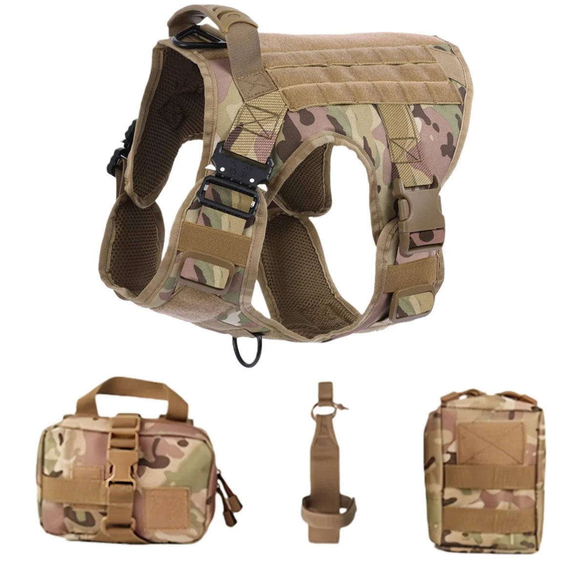 Camouflage tactical dog harness and accessories on a white background