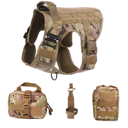 Camouflage tactical dog harness and accessories on a white background