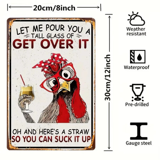 A decorative metal sign with a humorous chicken graphic and text, shown with dimension arrows indicating 20cm by 30cm and feature icons for weather resistance, waterproofing, pre-drilled holes, and gauge steel on a white background.