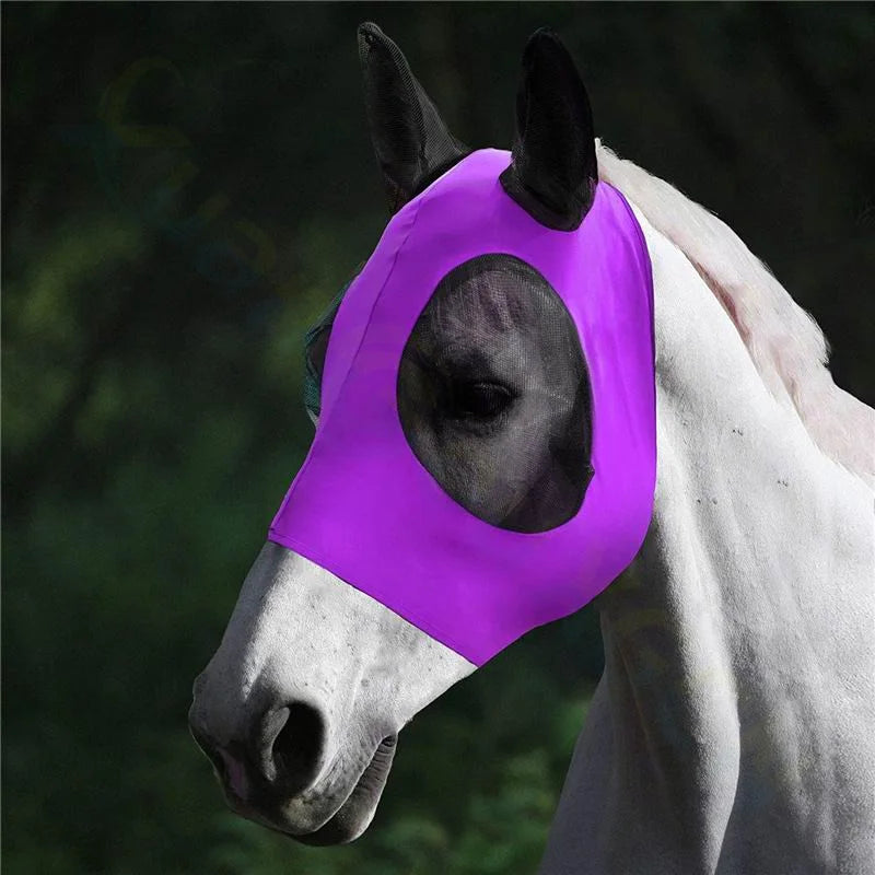 A close-up of a white horse wearing a bright purple full-head mask or hood, with dark ears and a dark eye panel, set against a blurred dark green outdoor background.