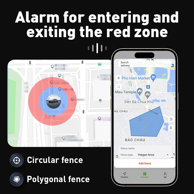 Phone displaying map application with circular and polygonal fences on a black background