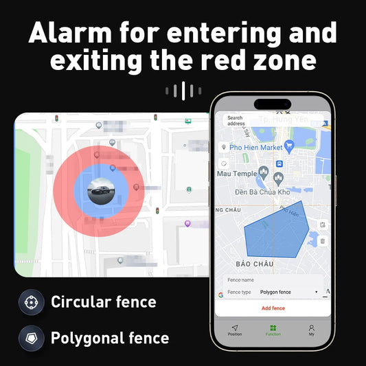 Phone displaying map application with circular and polygonal fences on a black background