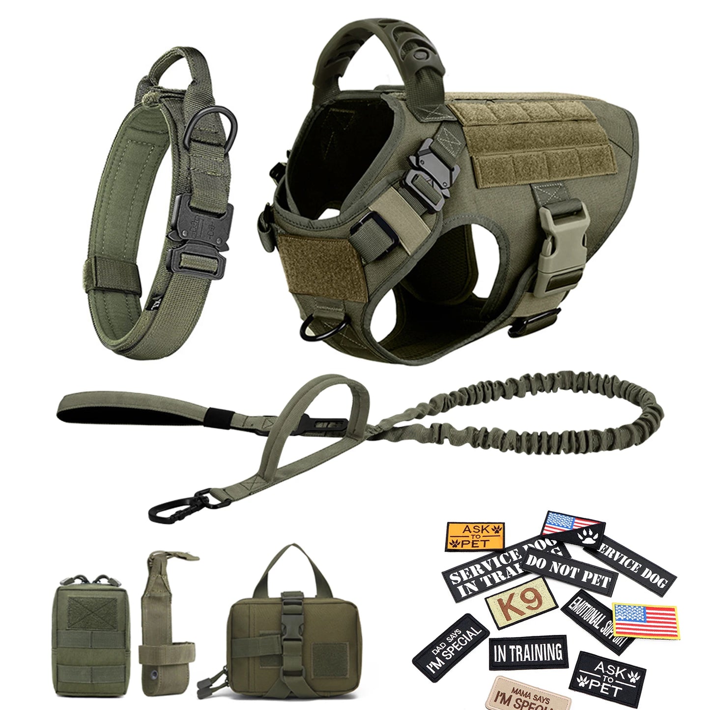 Military Large Dog Harness Collar Leash Bags Patches