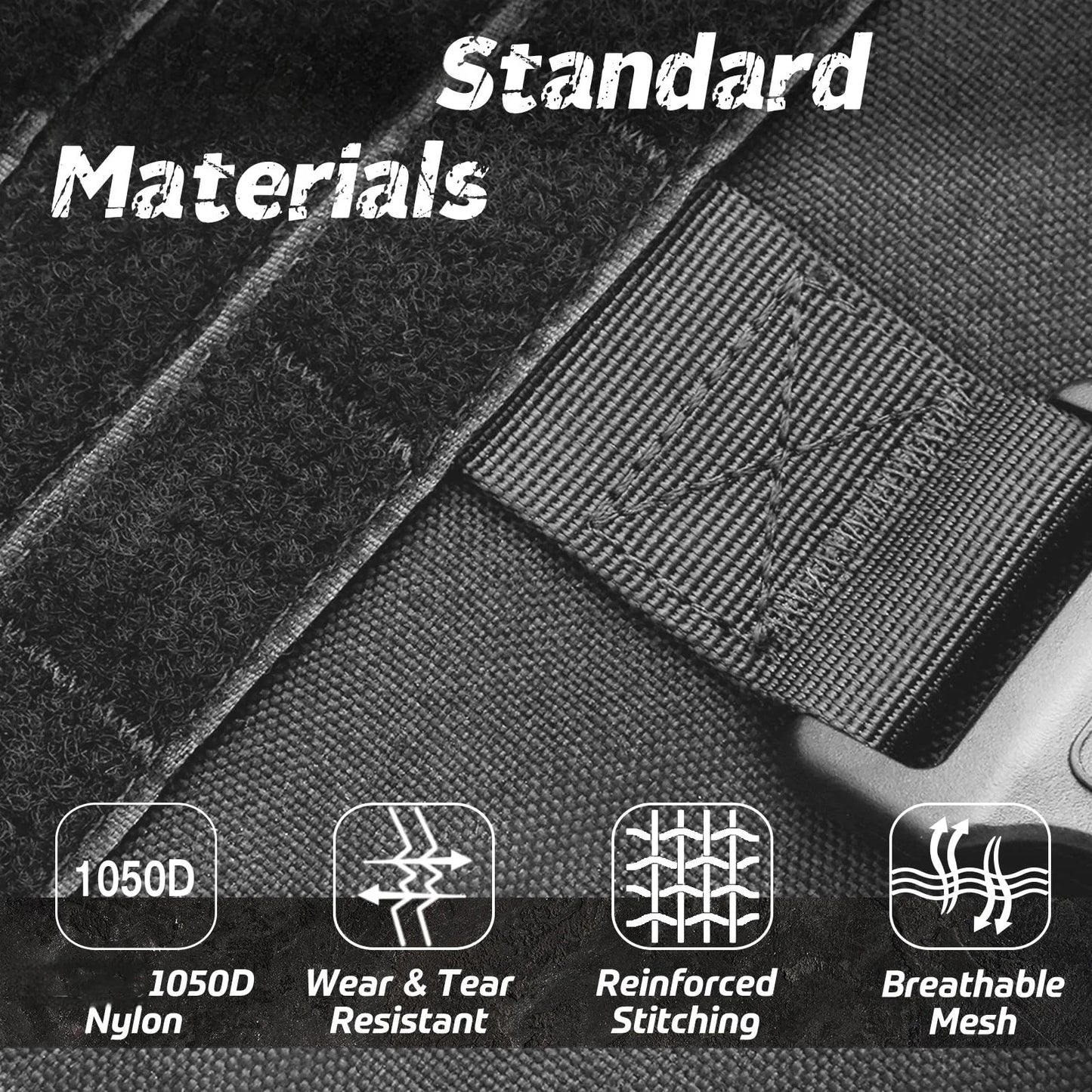 Close-up of black tactical gear with text 'Standard Materials' and icons indicating 1050D nylon, wear & tear resistance, reinforced stitching, and breathable mesh.