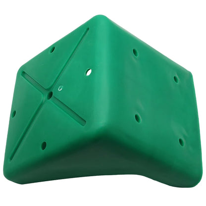 A green plastic climbing wall hold with multiple screw holes and textured surface details, shown on a plain white background.