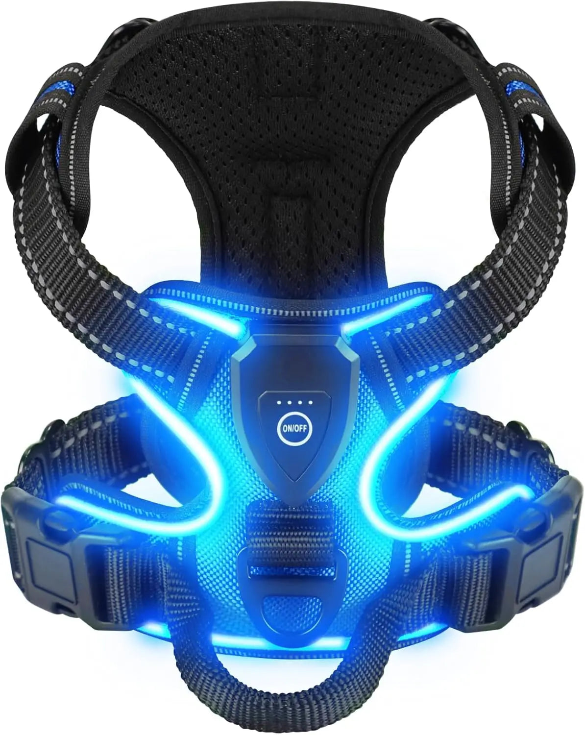 Blue LED dog harness on a white background