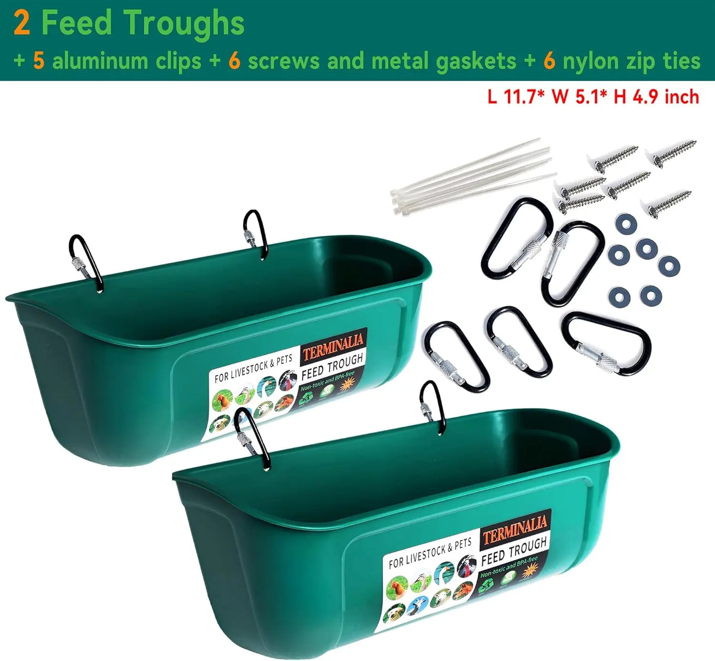 2 Pack Green Poultry Feeder with Clips, Hanging Fence Trough