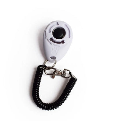 White electronic device with a black coiled cable on a white background