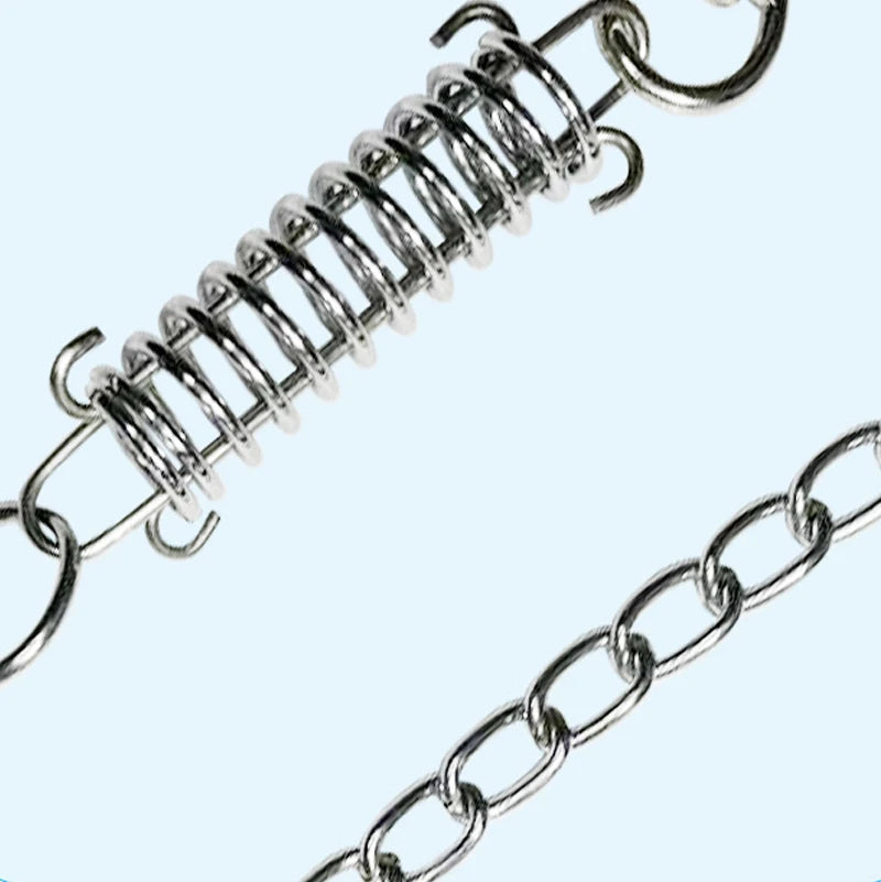 A close-up of a silver metal spring and matching metal chain links on a pale blue background.