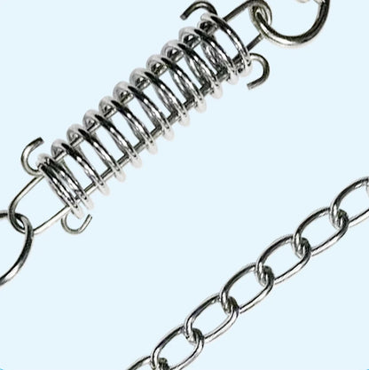 A close-up of a silver metal spring and matching metal chain links on a pale blue background.
